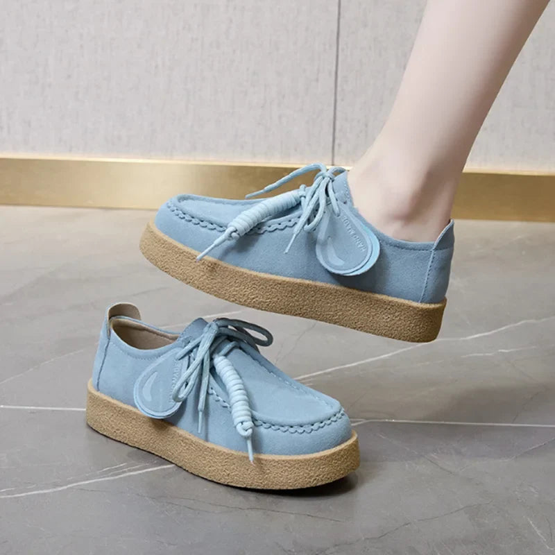 Genuine Leather Lace Up Loafers Women Round Toe Sewing Design Platform Shoes
