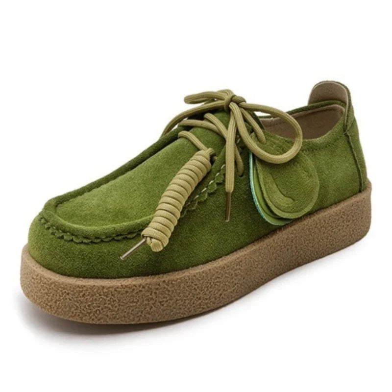 Genuine Leather Lace Up Loafers Women Round Toe Sewing Design Platform Shoes