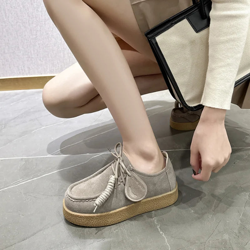 Genuine Leather Lace Up Loafers Women Round Toe Sewing Design Platform Shoes