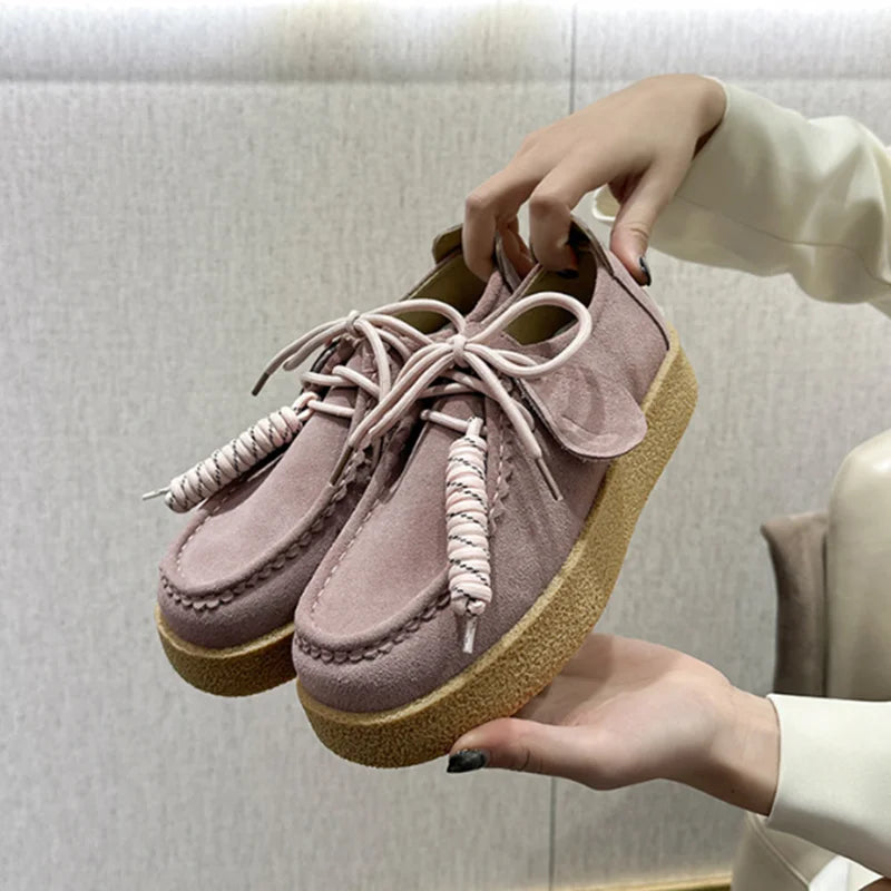 Genuine Leather Lace Up Loafers Women Round Toe Sewing Design Platform Shoes