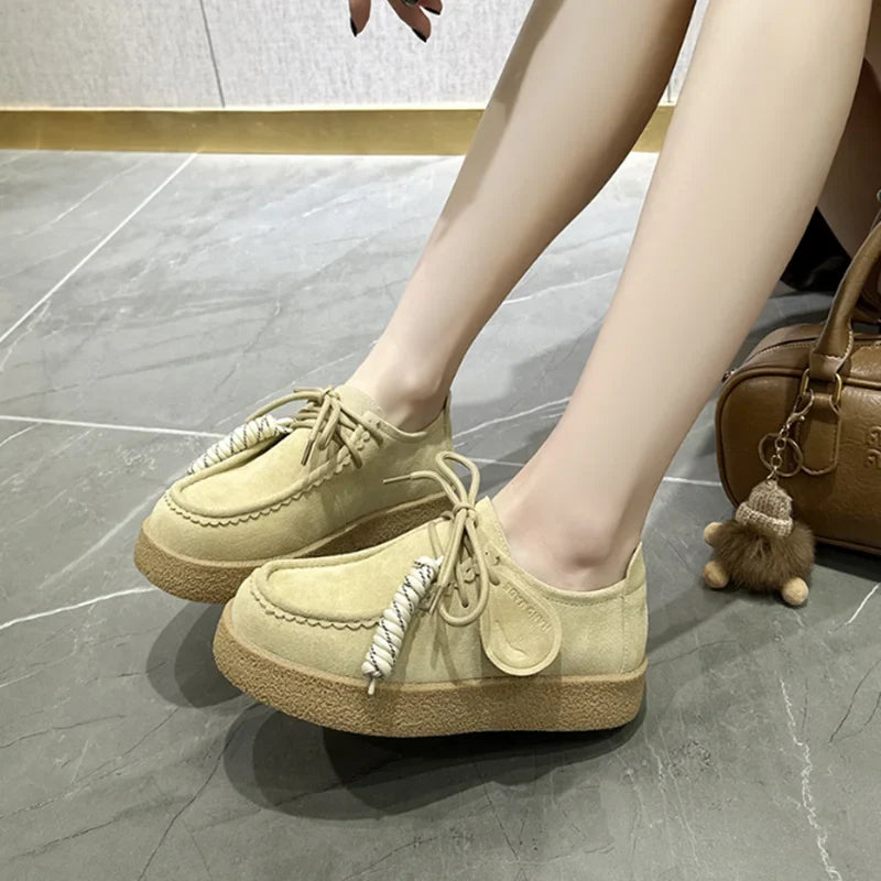Genuine Leather Lace Up Loafers Women Round Toe Sewing Design Platform Shoes
