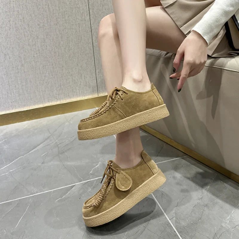 Genuine Leather Lace Up Loafers Women Round Toe Sewing Design Platform Shoes