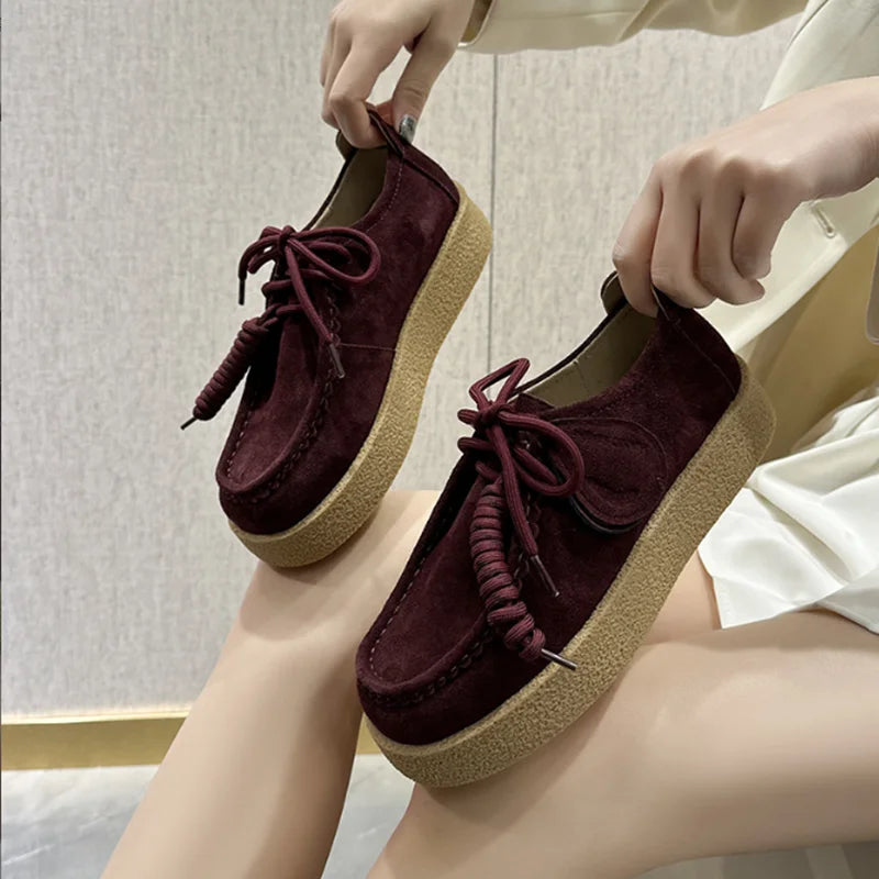 Genuine Leather Lace Up Loafers Women Round Toe Sewing Design Platform Shoes