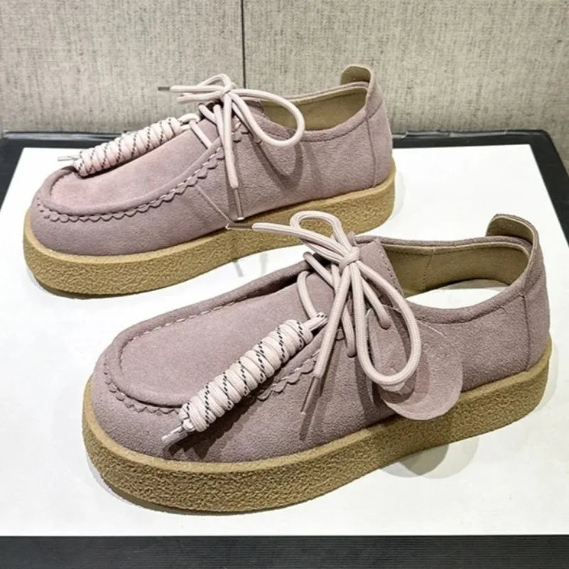 Genuine Leather Lace Up Loafers Women Round Toe Sewing Design Platform Shoes