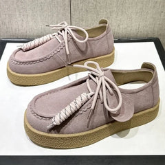 Genuine Leather Lace Up Loafers Women Round Toe Sewing Design Platform Shoes