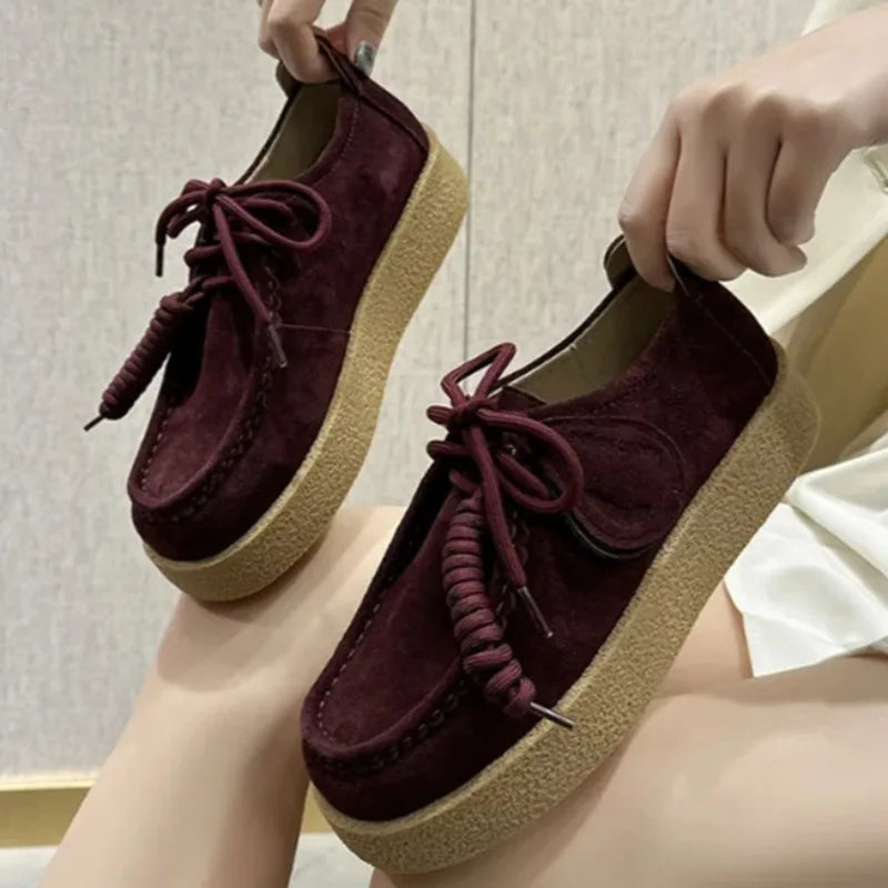 Genuine Leather Lace Up Loafers Women Round Toe Sewing Design Platform Shoes