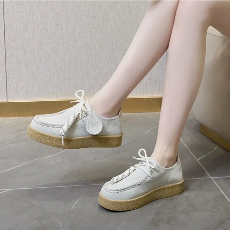 Genuine Leather Lace Up Loafers Women Round Toe Sewing Design Platform Shoes