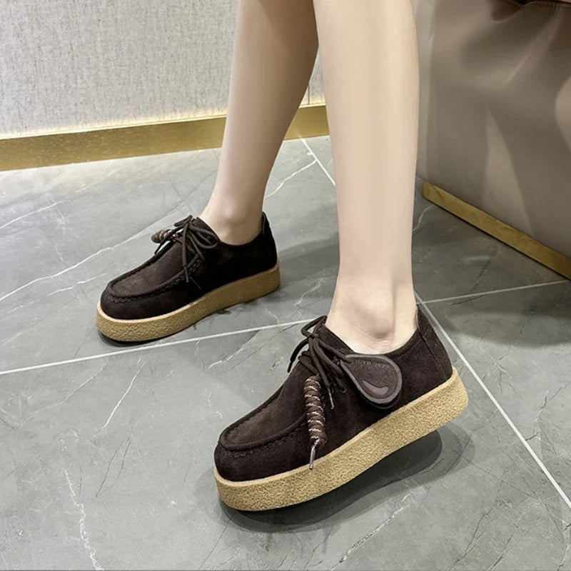 Genuine Leather Lace Up Loafers Women Round Toe Sewing Design Platform Shoes