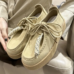 Genuine Leather Lace Up Loafers Women Round Toe Sewing Design Platform Shoes