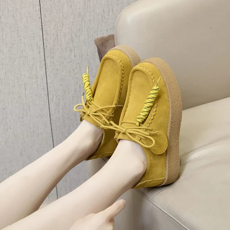 Genuine Leather Lace Up Loafers Women Round Toe Sewing Design Platform Shoes