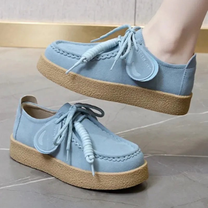 Genuine Leather Lace Up Loafers Women Round Toe Sewing Design Platform Shoes