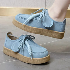 Genuine Leather Lace Up Loafers Women Round Toe Sewing Design Platform Shoes