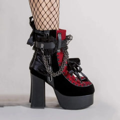 Gothic Style Chain Lace Up Bow Women Short Boots