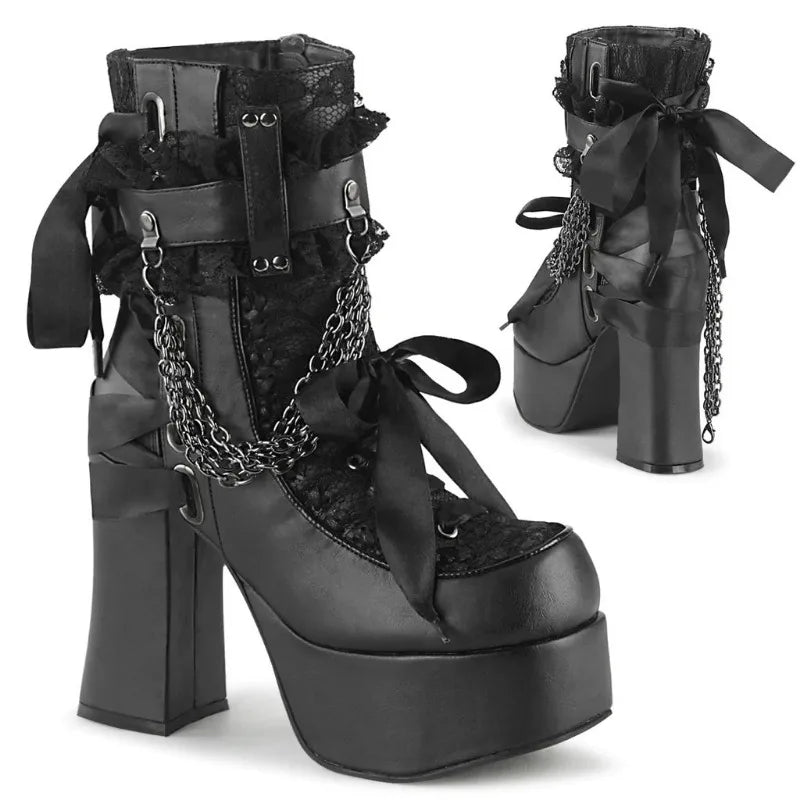 Gothic Style Chain Lace Up Bow Women Short Boots