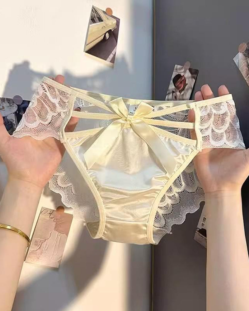Low-rise Satin Bow-embroidered See-through Lace Panties