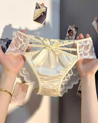 Low-rise Satin Bow-embroidered See-through Lace Panties