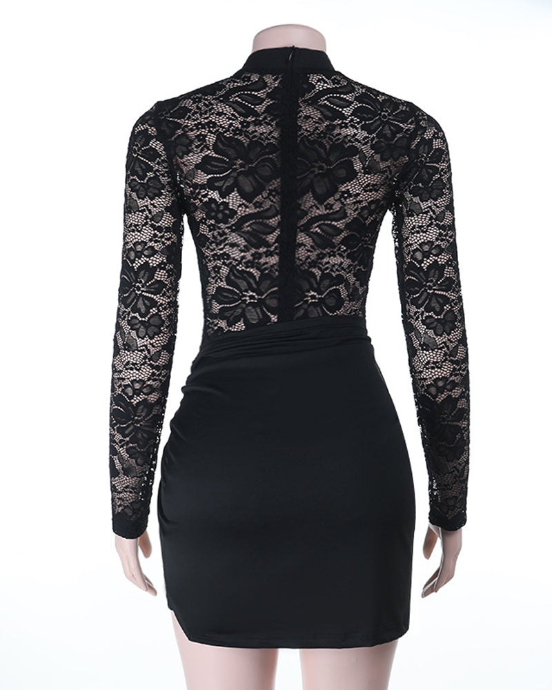 Lace See-through Round Neck Long-sleeved Bodycon Mini Dress