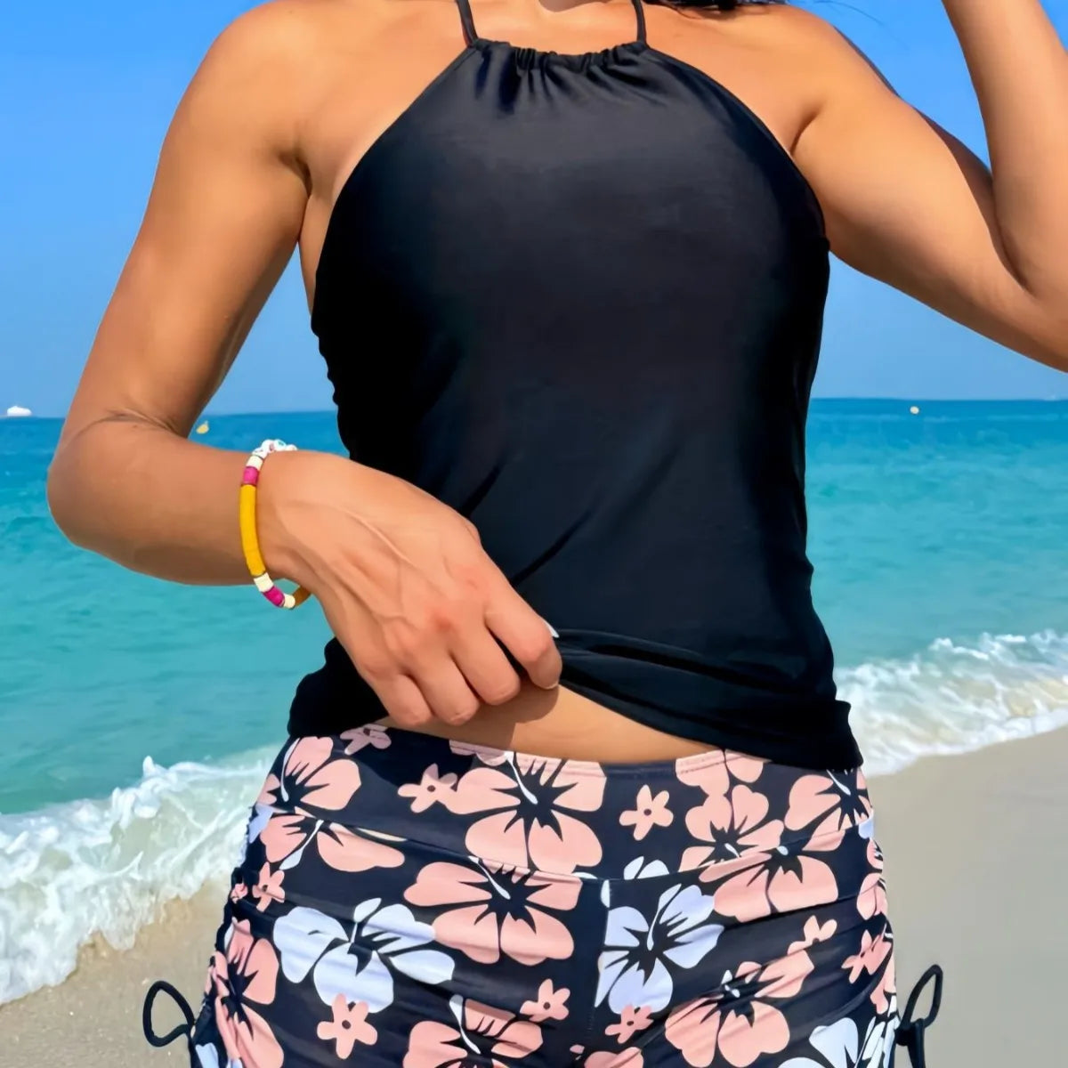 Halter Neck Bikini Set Printed Bottoms with Adjustable Ties Two Piece Swimsuit Solid Black Tops Floral Swimwear