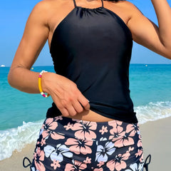 Halter Neck Bikini Set Printed Bottoms with Adjustable Ties Two Piece Swimsuit Solid Black Tops Floral Swimwear