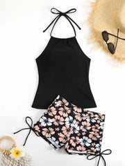 Halter Neck Bikini Set Printed Bottoms with Adjustable Ties Two Piece Swimsuit Solid Black Tops Floral Swimwear