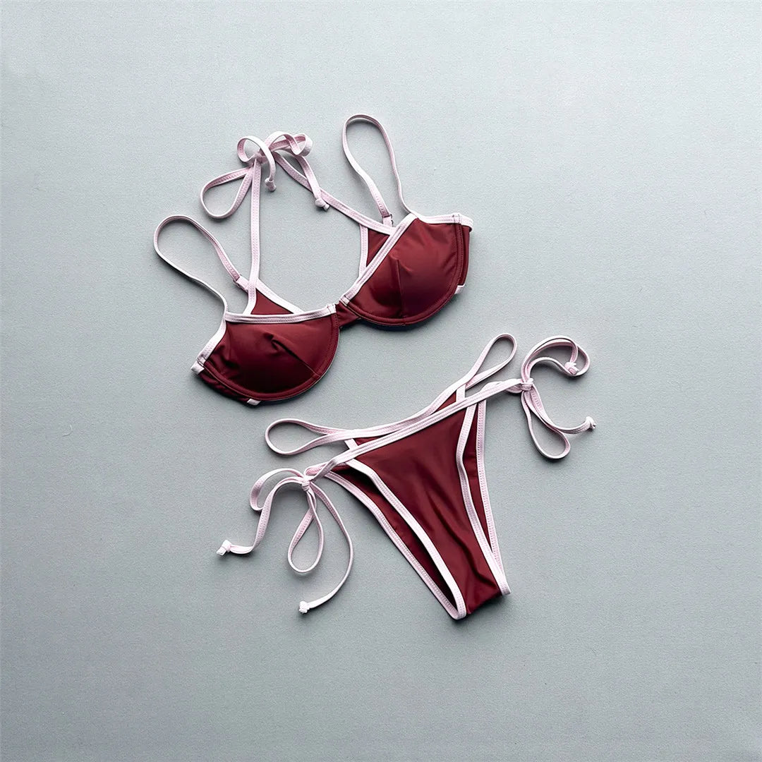 Halter Splicing Bikini Underwired Strappy Two-pieces Bikini Set