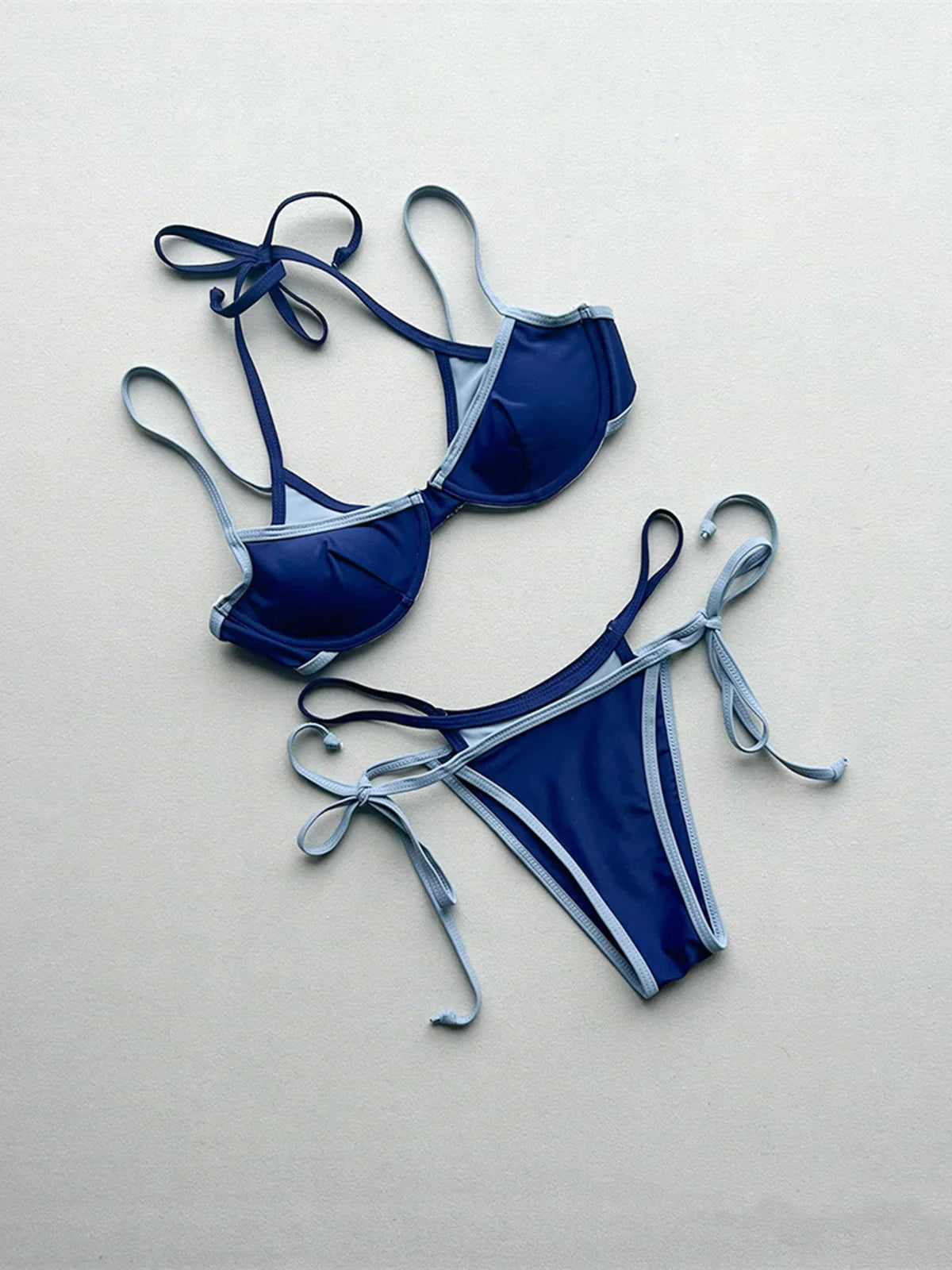 Halter Splicing Bikini Underwired Strappy Two-pieces Bikini Set