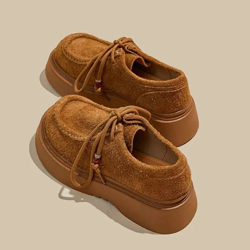 High Quality Brown Faux Suede Thick-sole Loafer Women Luxury Gemstone Sewing Designer Shoe Cozy Lace Up Derby Shoe Zapatos Mules