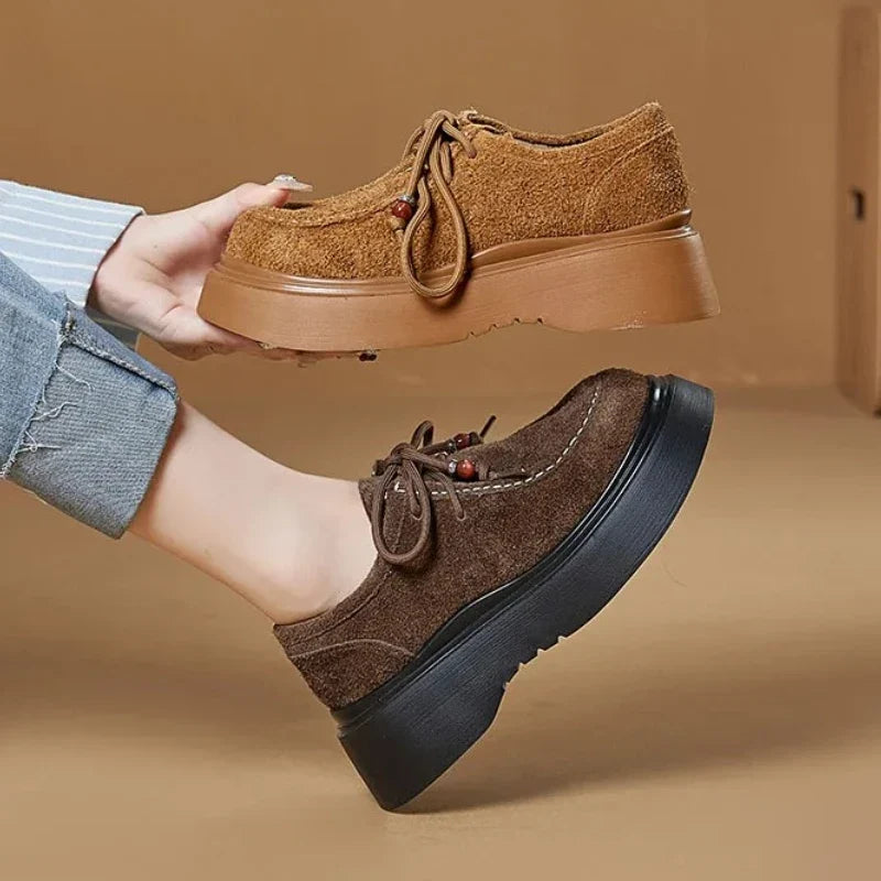 High Quality Brown Faux Suede Thick-sole Loafer Women Luxury Gemstone Sewing Designer Shoe Cozy Lace Up Derby Shoe Zapatos Mules