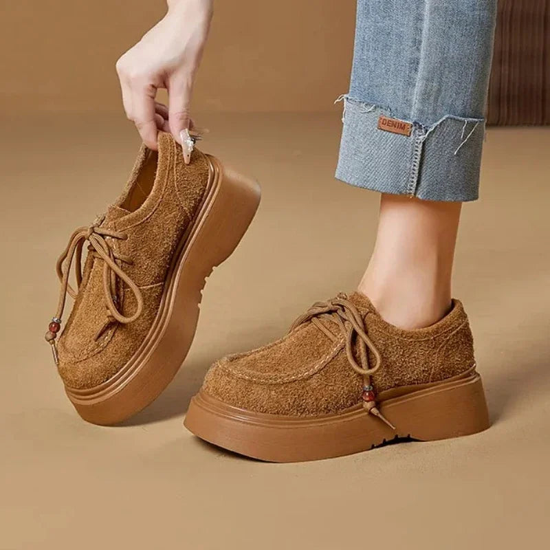 High Quality Brown Faux Suede Thick-sole Loafer Women Luxury Gemstone Sewing Designer Shoe Cozy Lace Up Derby Shoe Zapatos Mules