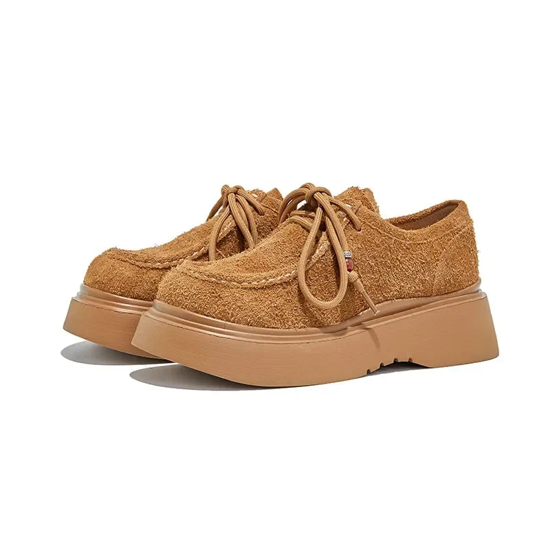 High Quality Brown Faux Suede Thick-sole Loafer Women Luxury Gemstone Sewing Designer Shoe Cozy Lace Up Derby Shoe Zapatos Mules