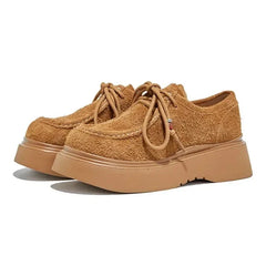 High Quality Brown Faux Suede Thick-sole Loafer Women Luxury Gemstone Sewing Designer Shoe Cozy Lace Up Derby Shoe Zapatos Mules