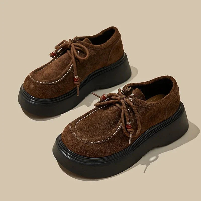 High Quality Brown Faux Suede Thick-sole Loafer Women Luxury Gemstone Sewing Designer Shoe Cozy Lace Up Derby Shoe Zapatos Mules