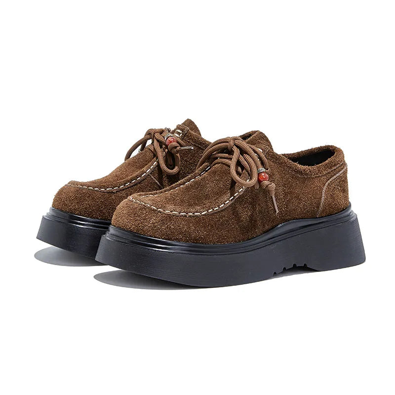 High Quality Brown Faux Suede Thick-sole Loafer Women Luxury Gemstone Sewing Designer Shoe Cozy Lace Up Derby Shoe Zapatos Mules