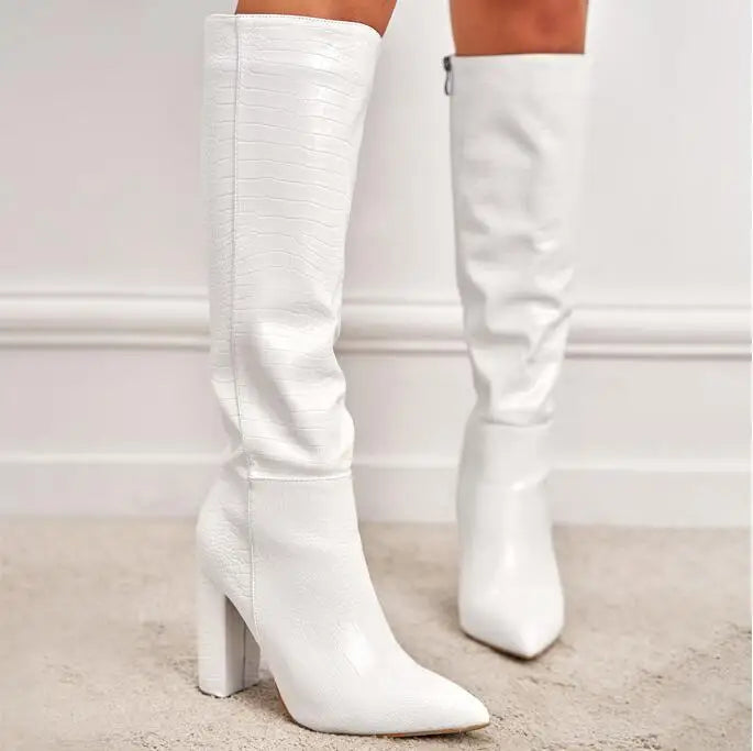 High Quality Chunky Heel Crocodile Pattern Leather Knee High Boots