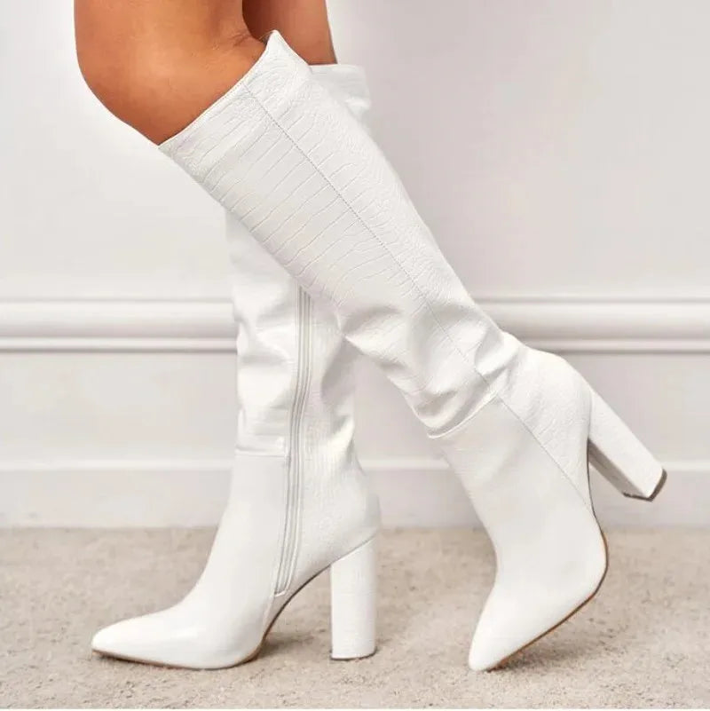 High Quality Chunky Heel Crocodile Pattern Leather Knee High Boots