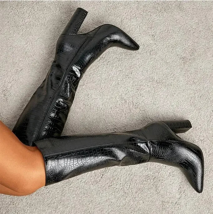 High Quality Chunky Heel Crocodile Pattern Leather Knee High Boots
