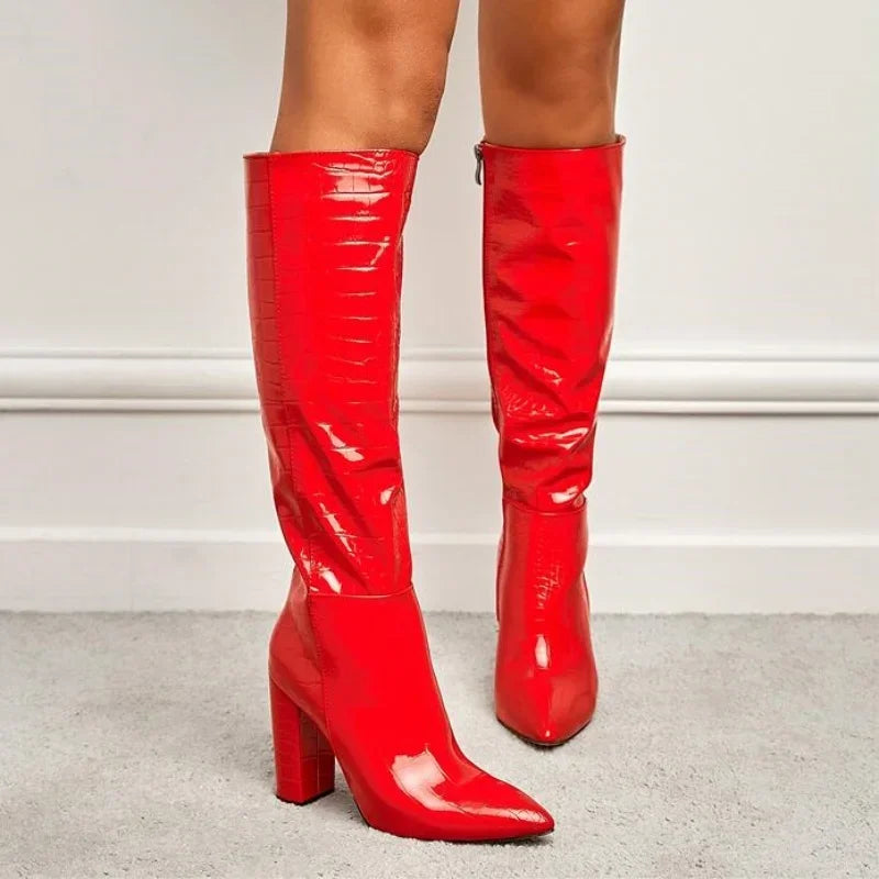 High Quality Chunky Heel Crocodile Pattern Leather Knee High Boots
