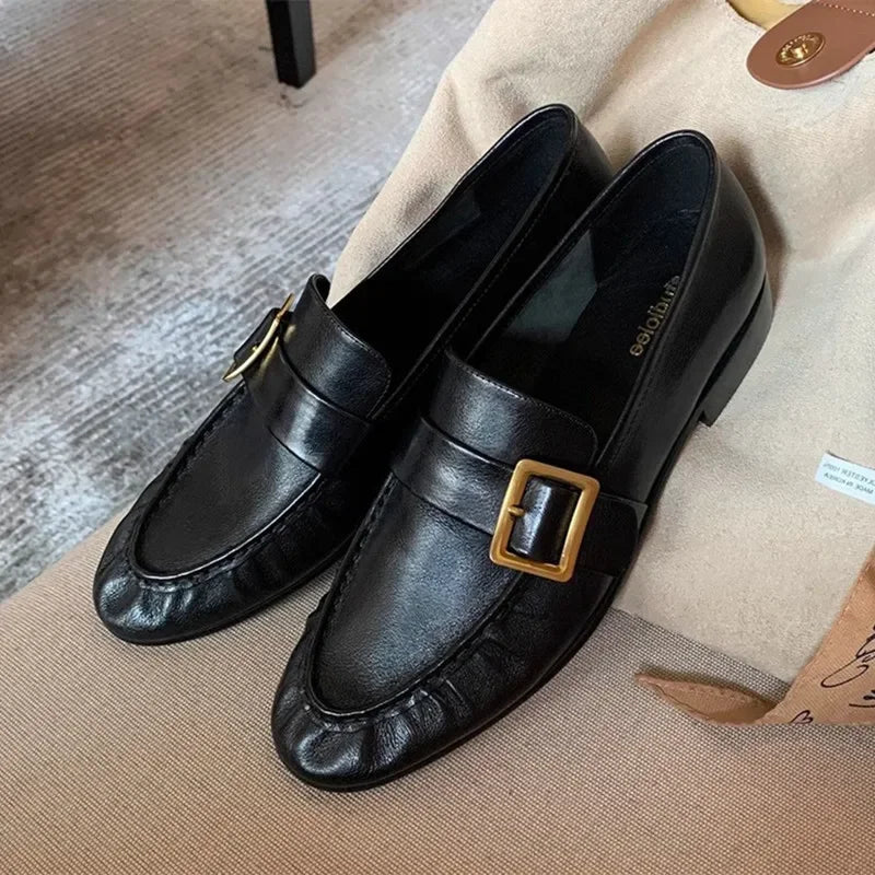 High-Quality Faux Suede Low-Heel Pumps Women Round-Toe Sewing Metal Buckle Designer Shoes