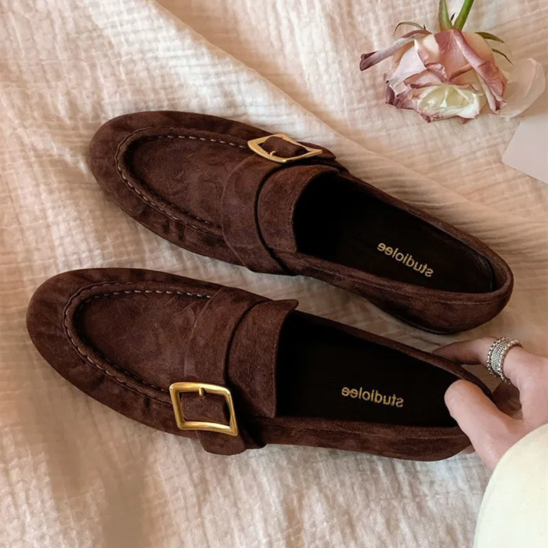 High-Quality Faux Suede Low-Heel Pumps Women Round-Toe Sewing Metal Buckle Designer Shoes