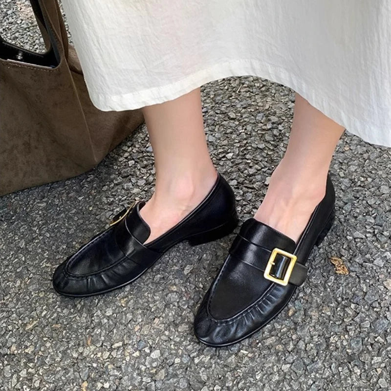 High-Quality Faux Suede Low-Heel Pumps Women Round-Toe Sewing Metal Buckle Designer Shoes