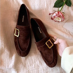 High-Quality Faux Suede Low-Heel Pumps Women Round-Toe Sewing Metal Buckle Designer Shoes