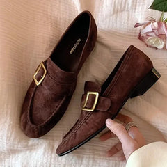 High-Quality Faux Suede Low-Heel Pumps Women Round-Toe Sewing Metal Buckle Designer Shoes