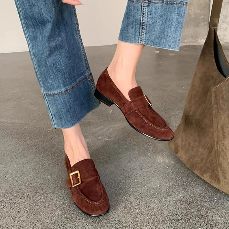 High-Quality Faux Suede Low-Heel Pumps Women Round-Toe Sewing Metal Buckle Designer Shoes