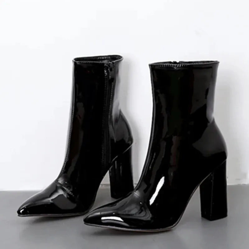 High Quality Patent Leather Ankle Boot Women Square Heel Side Zipper Brand Designer Boots