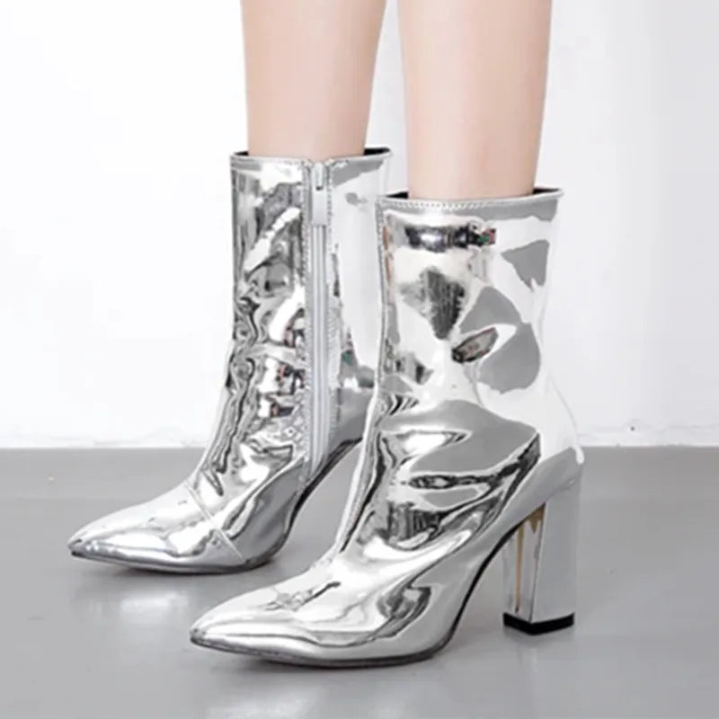 High Quality Patent Leather Ankle Boot Women Square Heel Side Zipper Brand Designer Boots