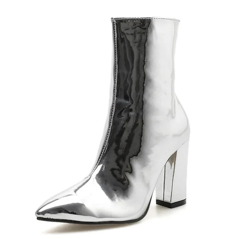 High Quality Patent Leather Ankle Boot Women Square Heel Side Zipper Brand Designer Boots