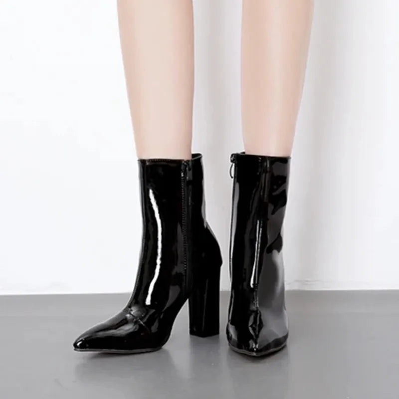 High Quality Patent Leather Ankle Boot Women Square Heel Side Zipper Brand Designer Boots