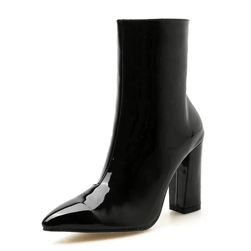 High Quality Patent Leather Ankle Boot Women Square Heel Side Zipper Brand Designer Boots
