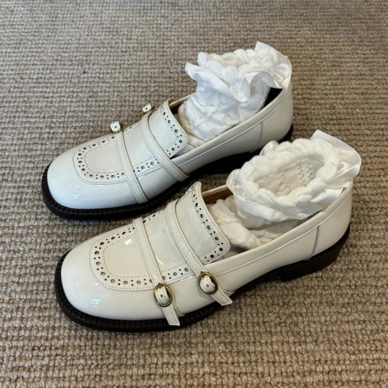 High Quality Patent Leather Loafers Women Double Narrow Band Buckle Designer Shoes