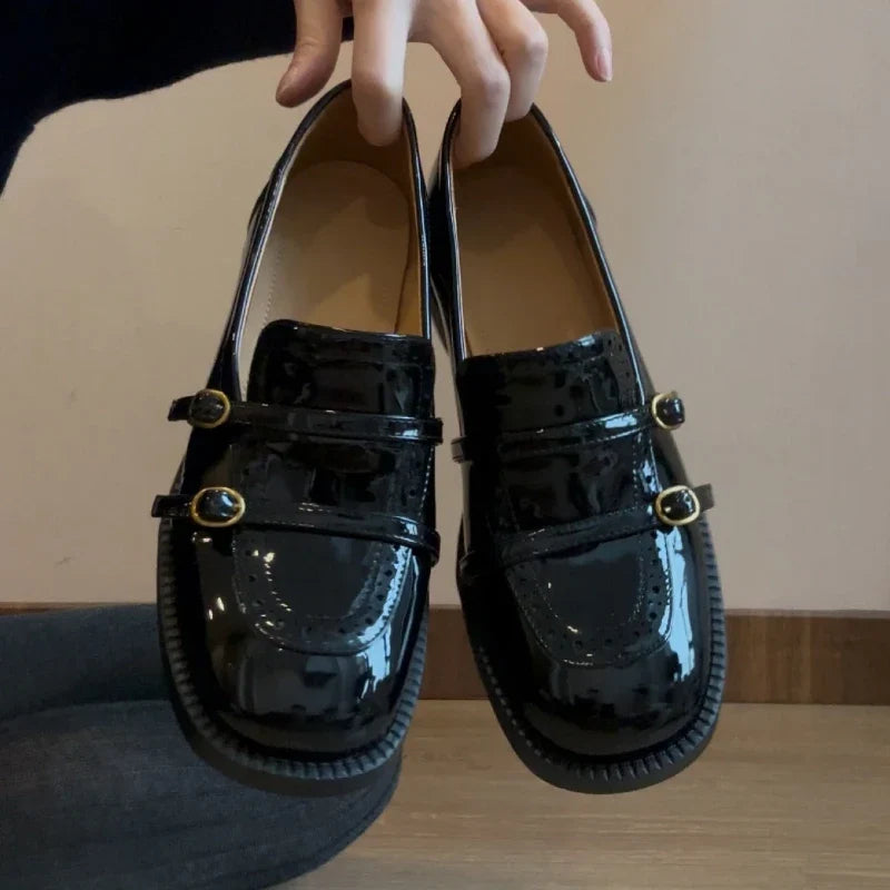 High Quality Patent Leather Loafers Women Double Narrow Band Buckle Designer Shoes